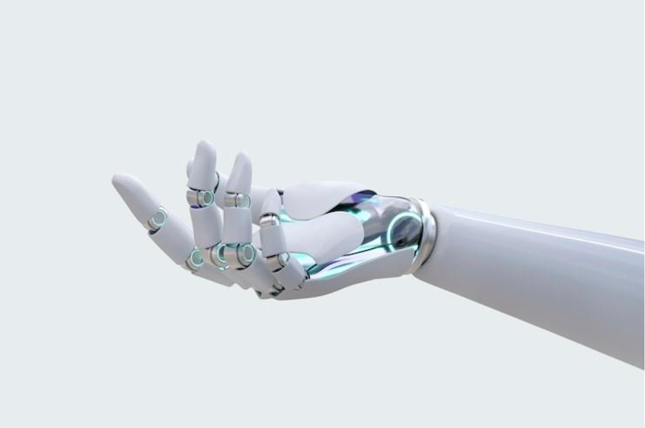 Robot hand side view background, presenting technology gesture, artificial intelligence, machine learning, and blockchain
