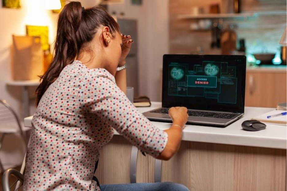 Angry hacker woman because of access denied while trying to attack government firewall programmer wr...