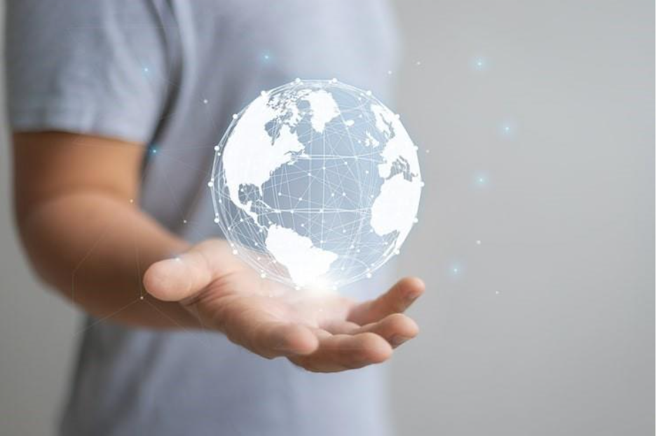 Globalization concept with hand holding world graphic to represent International Background Checks. illustration