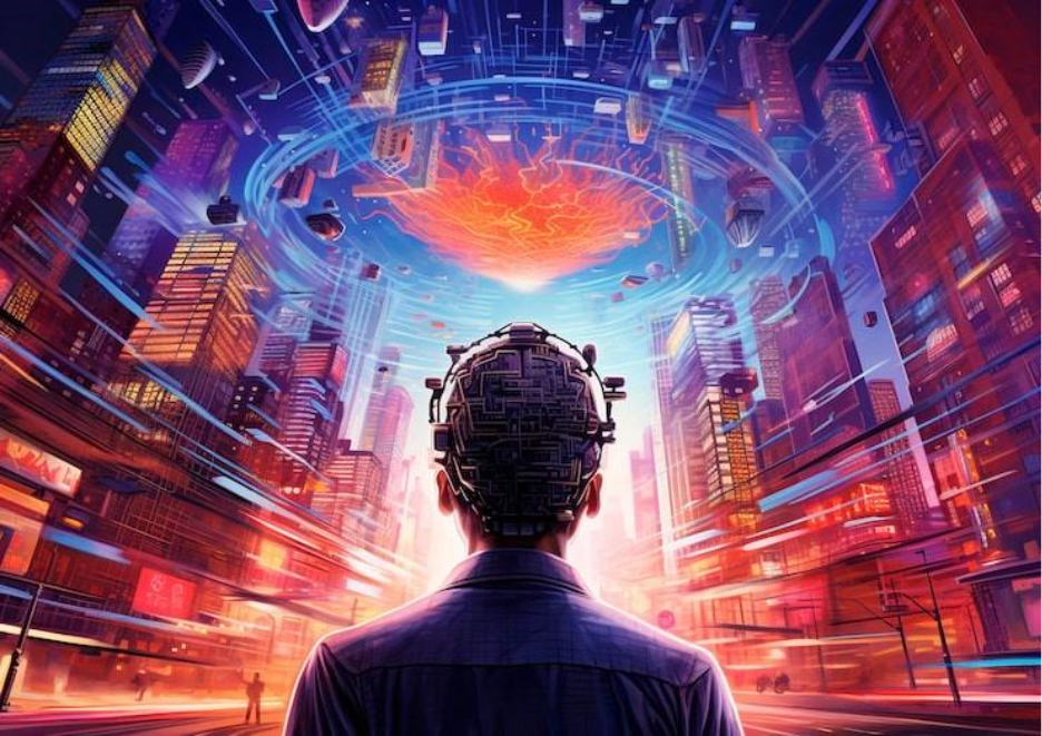 Cyberpunk illustration with neon colors and futuristic technology
