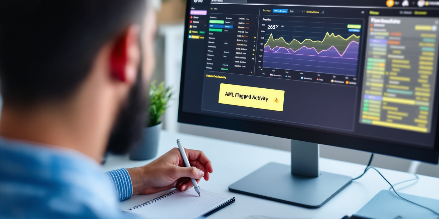 Man checking computer doing AML fintech