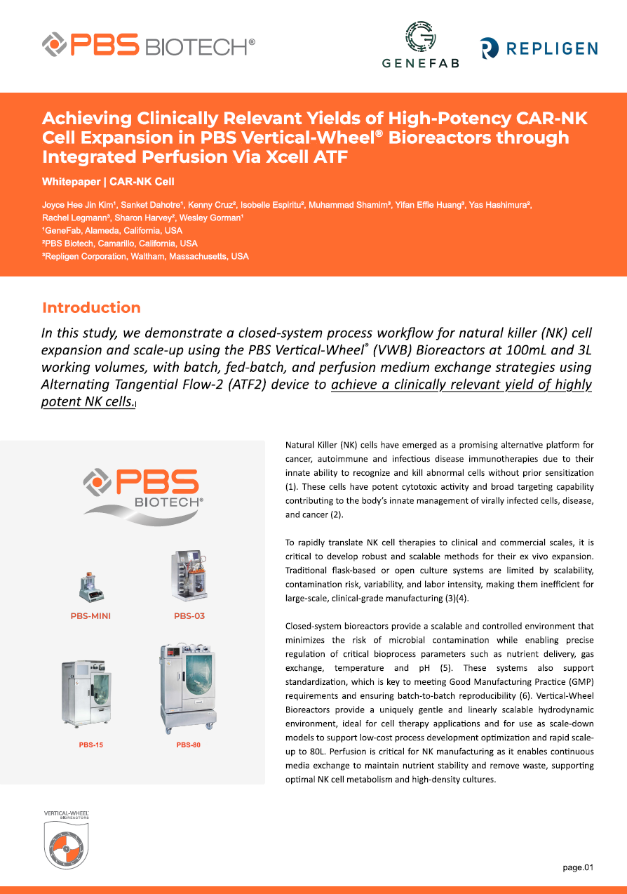 Image of Achieving Clinically Relevant Yields of High-Potency CAR-NK Cell Expansion in PBS Vertical-Wheel Bioreactors through Integrated Perfusion Via Xcell ATF from GenFab and Repligen whitrepaper