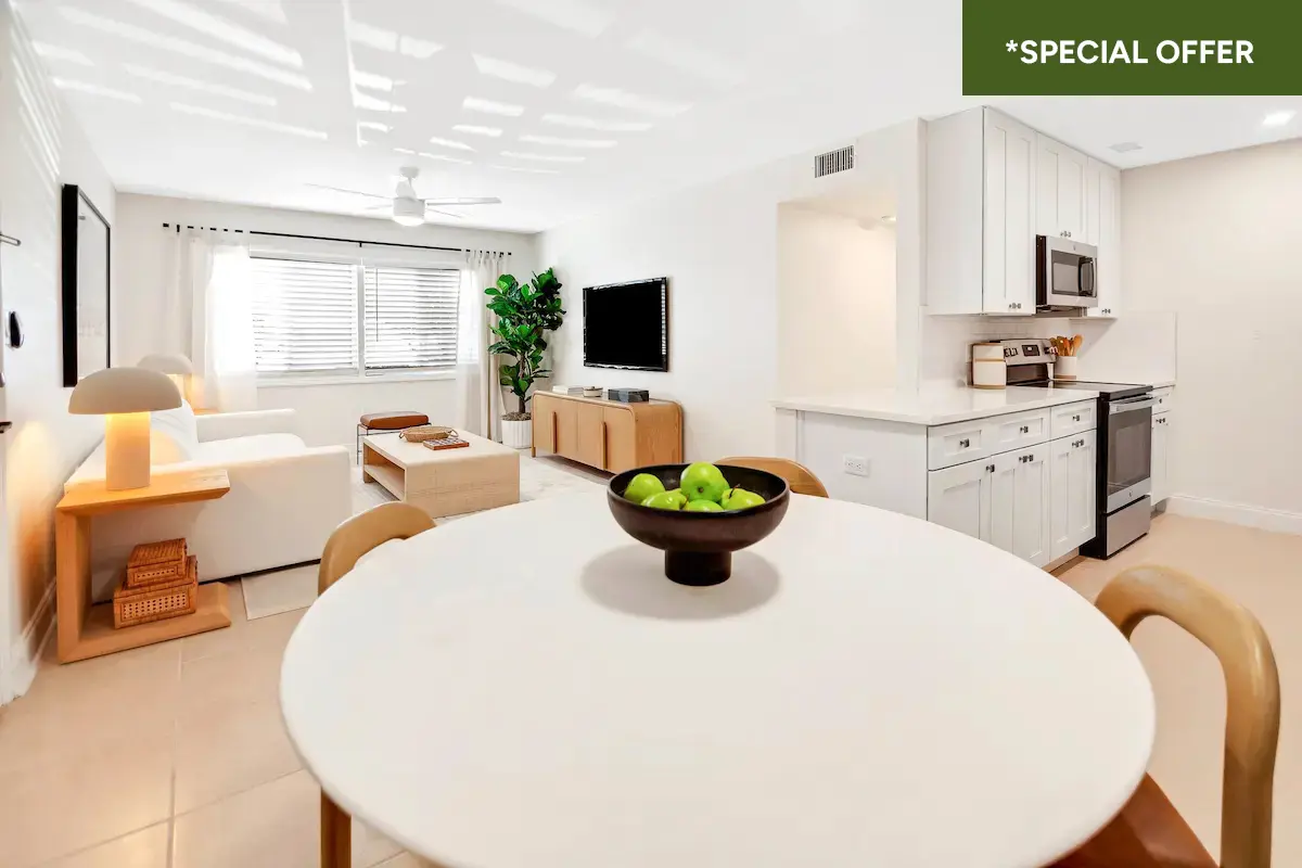 Contemporary dining room off of living room with a large window, potted plant, and minimalist decor with text overlay stating "*special offer."