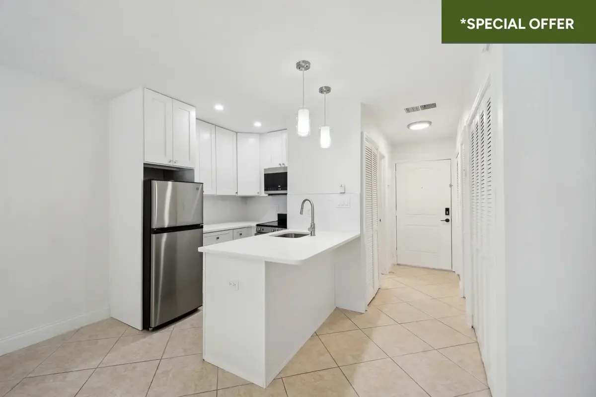  Spacious studio apartment with modern kitchen with white cabinets and stainless steel appliances with overlay stating "*special offer."