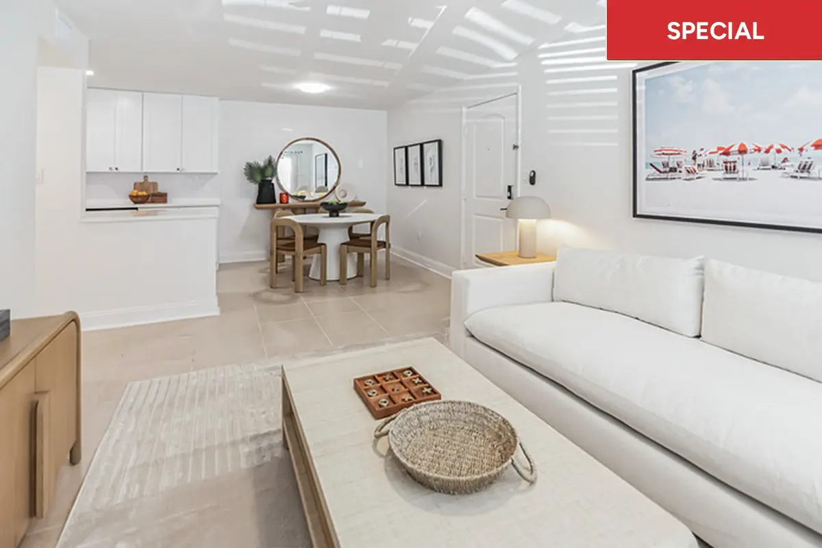 Contemporary dining room off of living room and minimalist decor with text overlay stating "special."