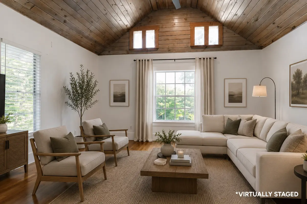 Large open room with high ceilings, a ceiling fan, windows, and hardwood flooring virtually staged with neutral, earthy colored furniture.