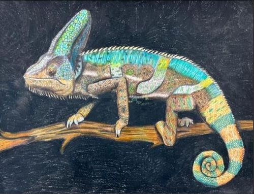 A purple tinted painting of a young woman sleeping on a couch