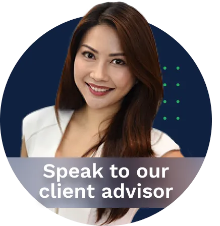 Smiling woman with long brown hair and white top against dark blue background with text 'Speak to our client advisor'.