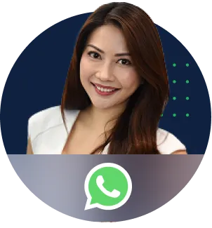 Smiling woman with long brown hair wearing a white top, with a WhatsApp icon below her.