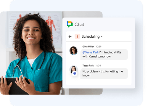Female in scrubs smiling while chatting with a Microsoft Teams user while on Google Chat
