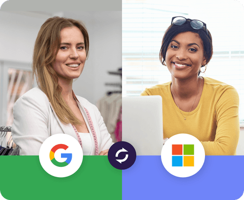 Two women smiling while representing Google Workspace or Microsoft 365 during work