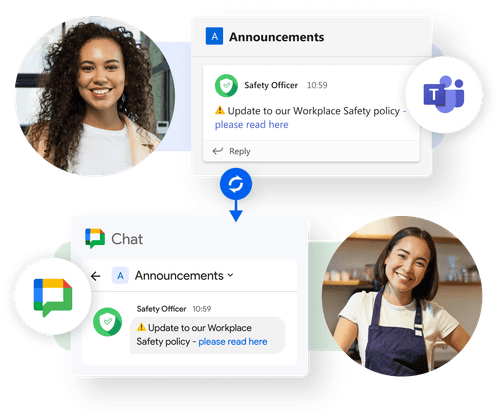 Announcement from headquarters using Teams to frontline worker using Google Chat