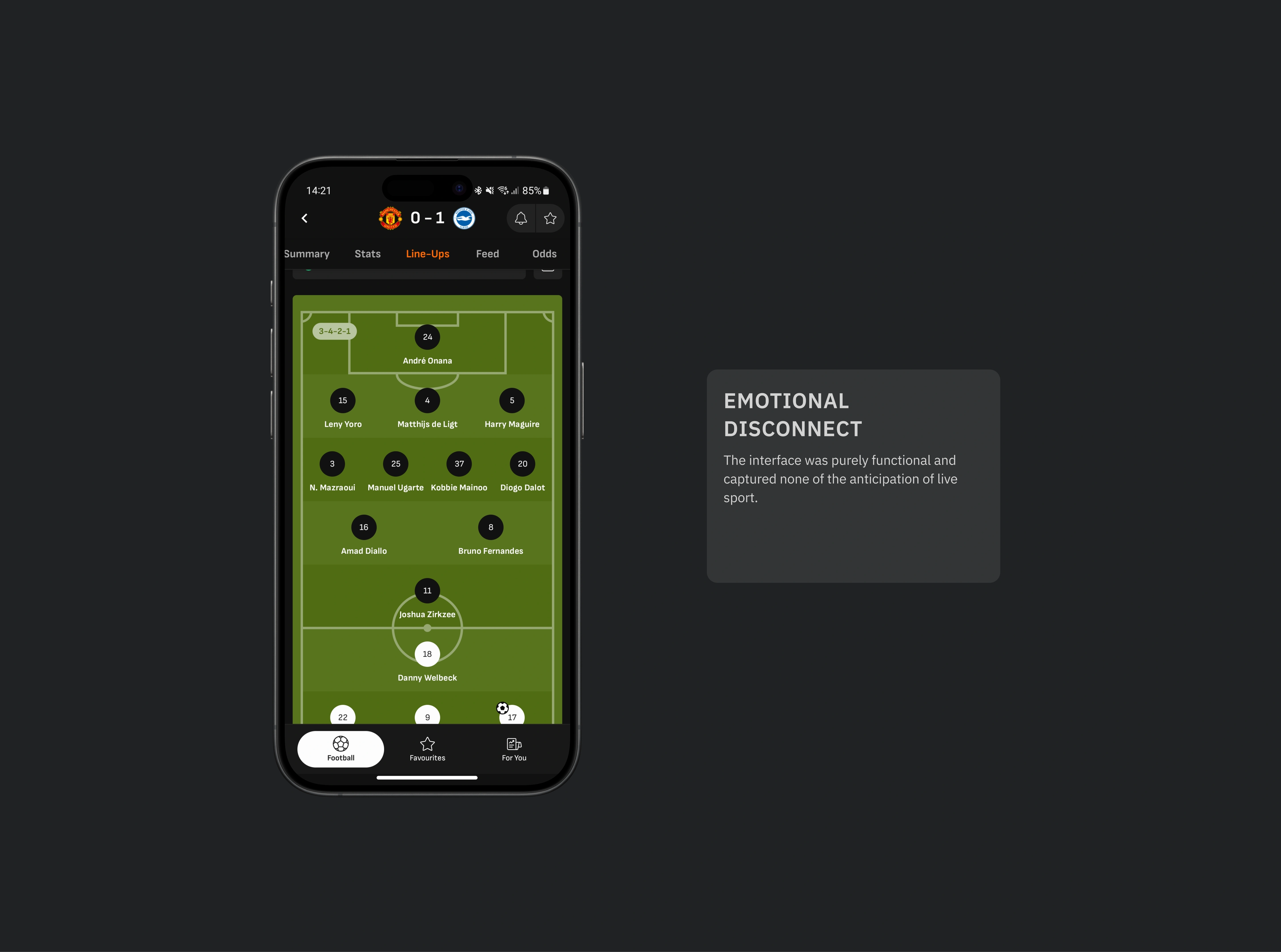 Emotional disconnect - The interface was purely functional and captured none of the anticipation of live sport.