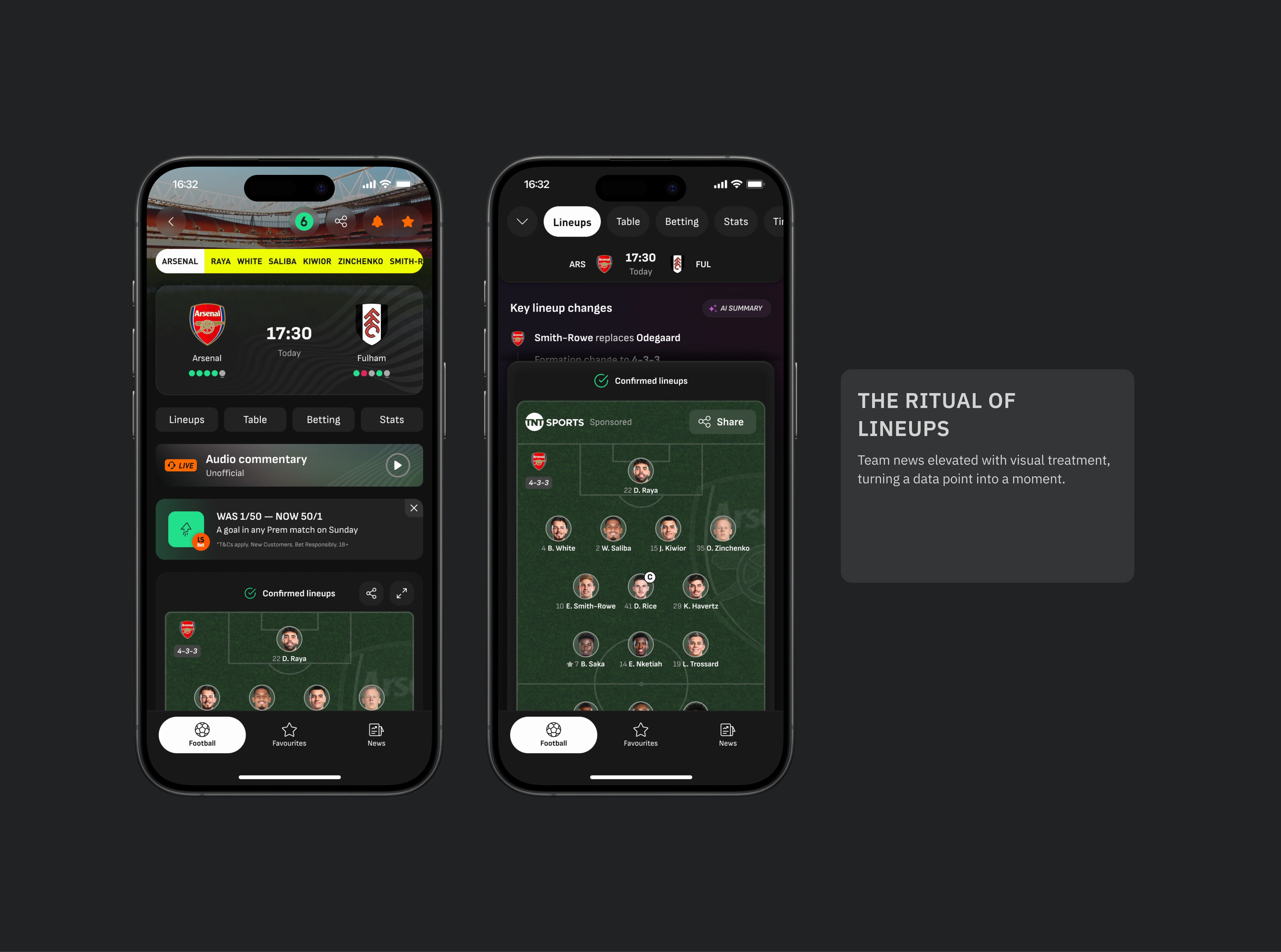 The ritual of lineups - Team news elevated with visual treatment, turning a data point into a moment.