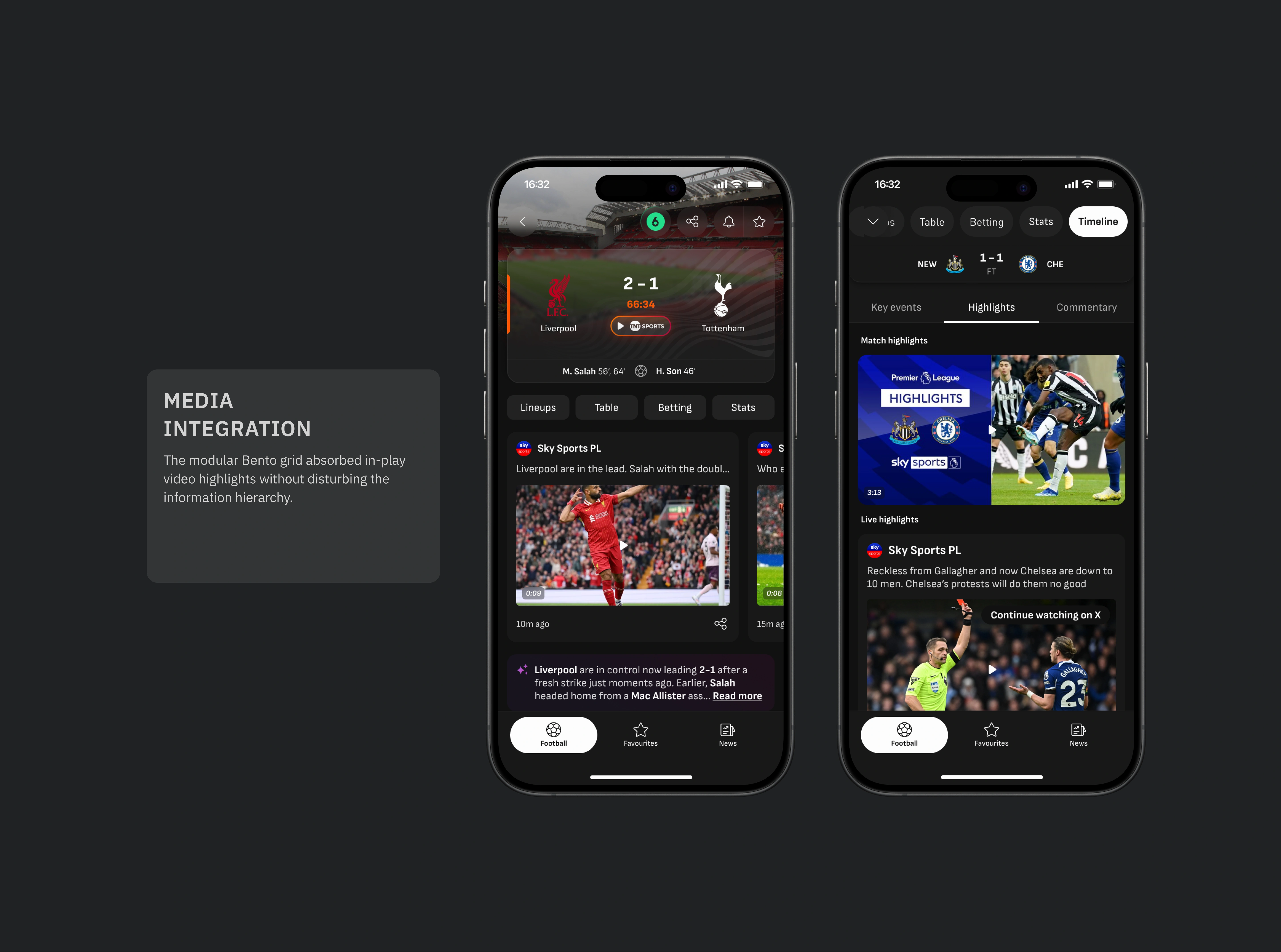 Media integration - The modular Bento grid absorbed in-play video highlights without disturbing the information hierarchy.