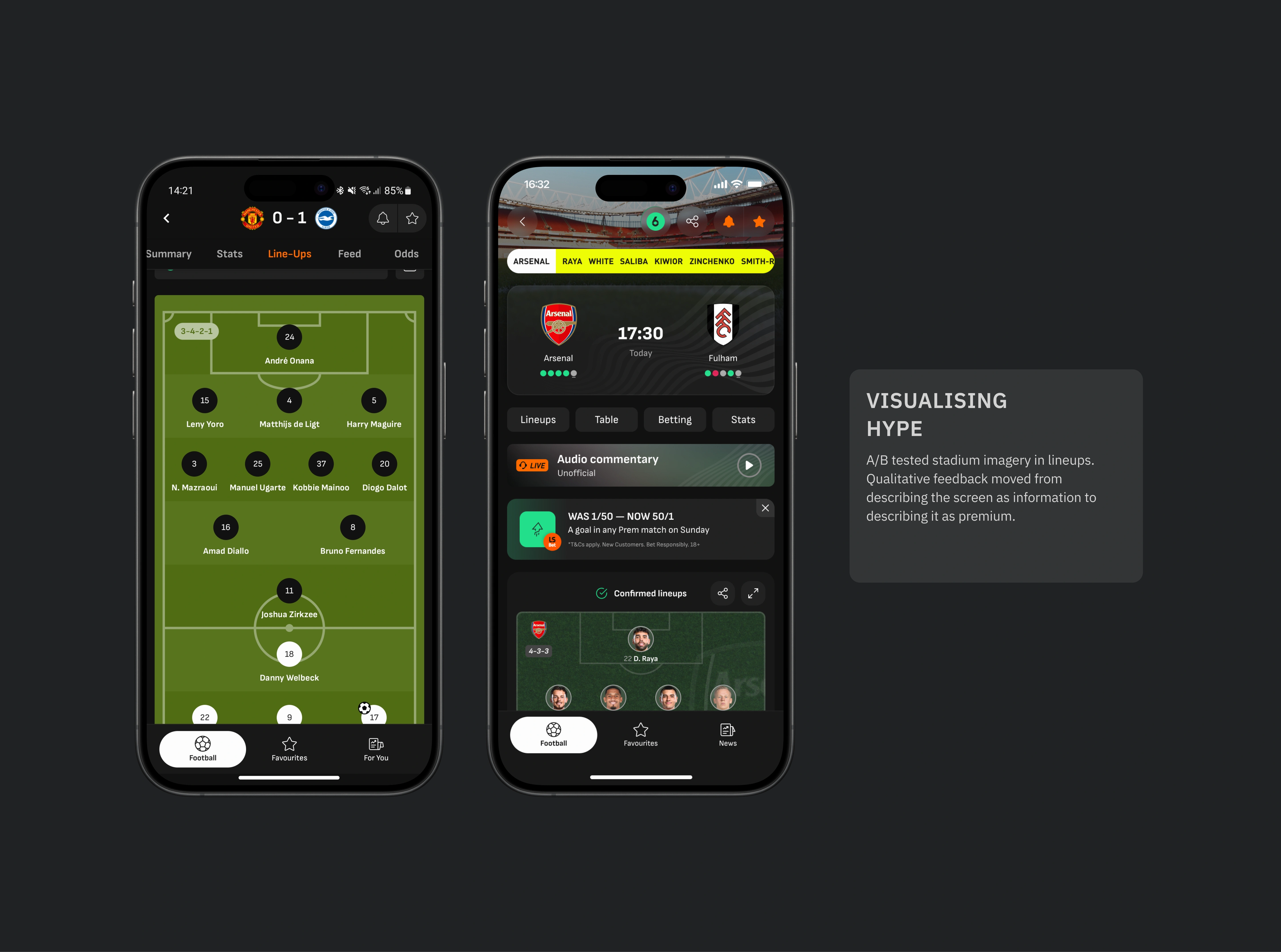 Visualising hype - A/B tested stadium imagery in lineups. Qualitative feedback moved from describing the screen as information to describing it as premium.