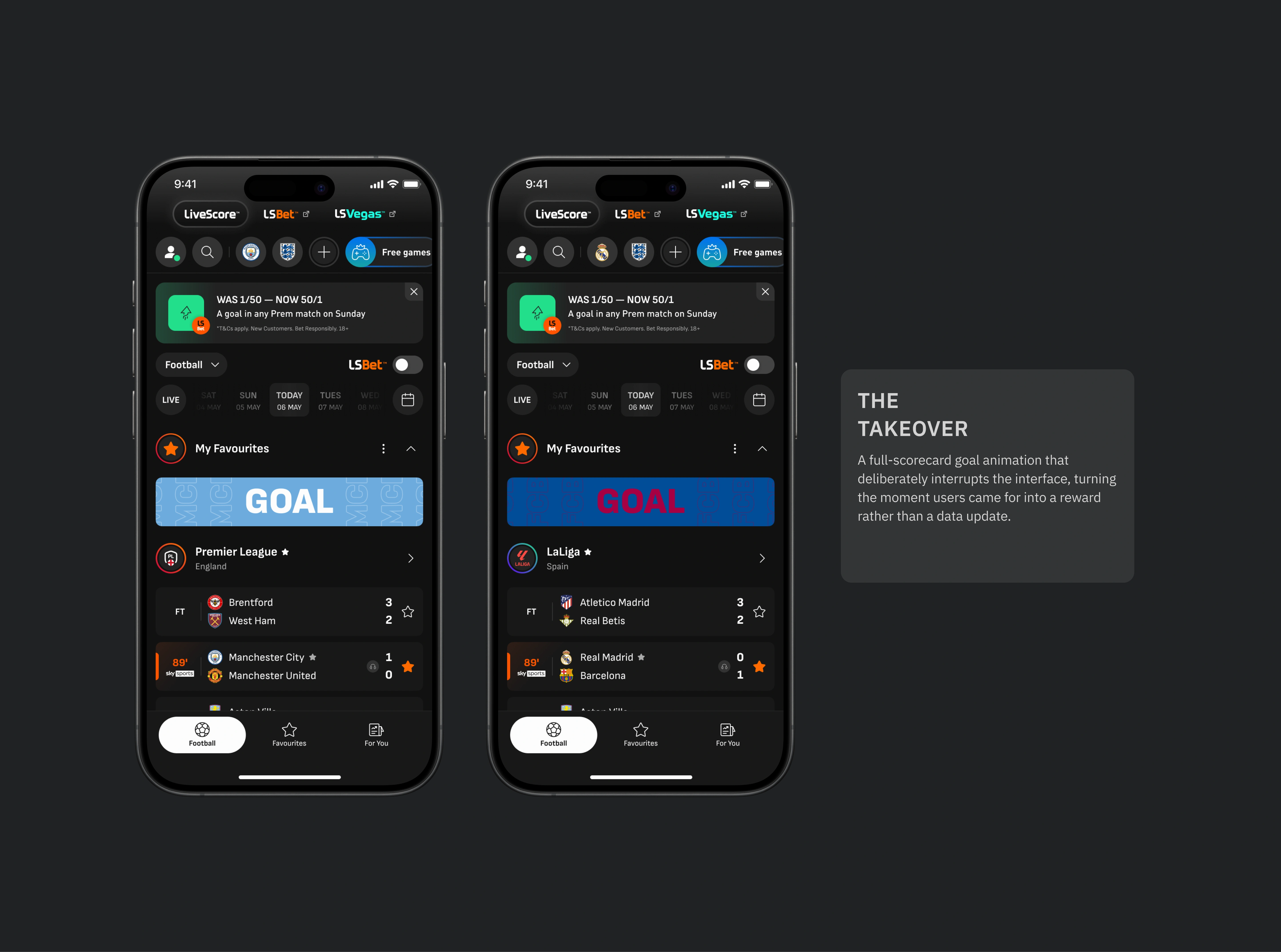 The takeover - A full-scorecard goal animation that deliberately interrupts the interface, turning the moment users came for into a reward rather than a data update.