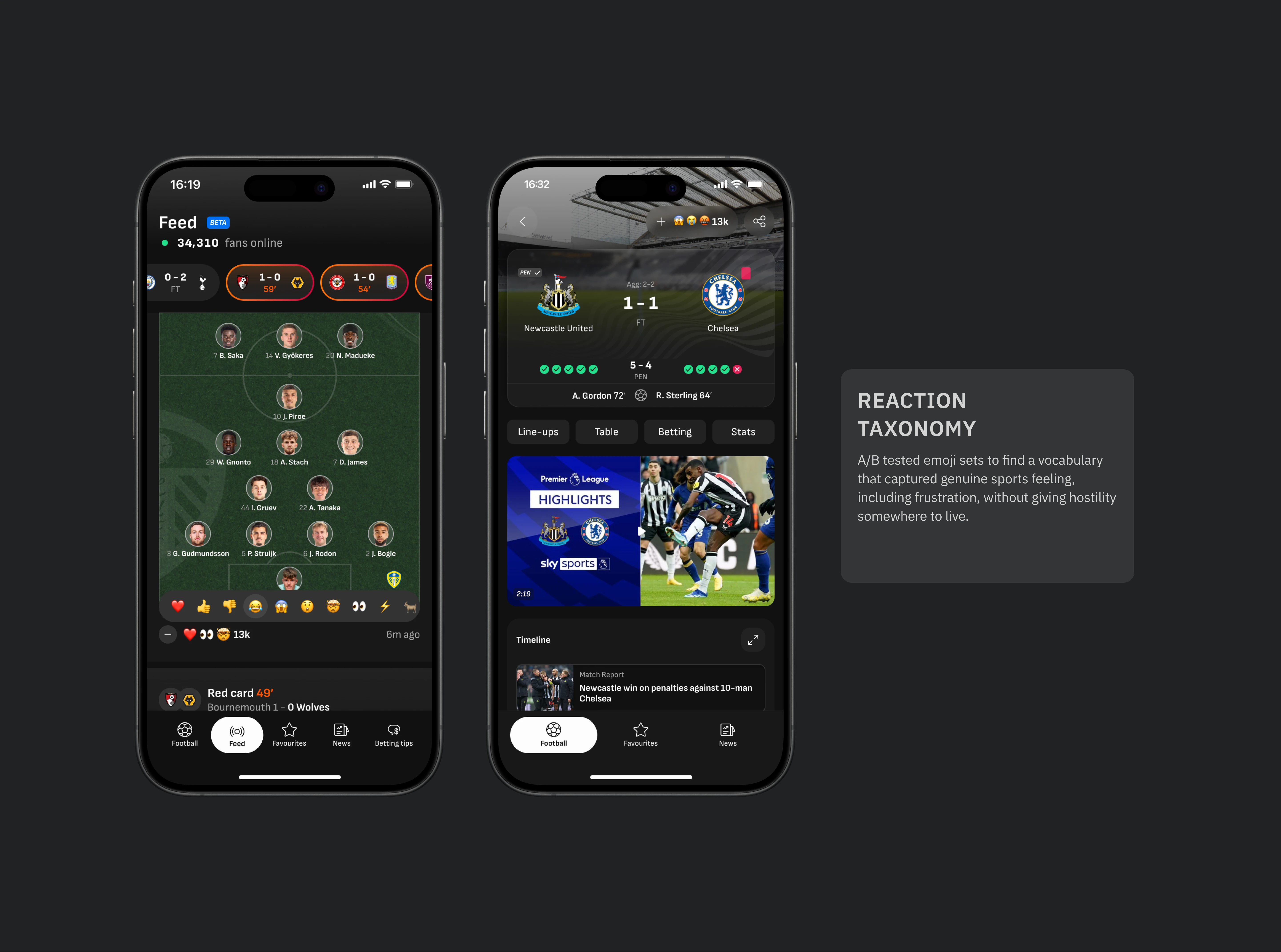 Reaction taxonomy - A/B tested emoji sets to find a vocabulary that captured genuine sports feeling, including frustration, without giving hostility somewhere to live.