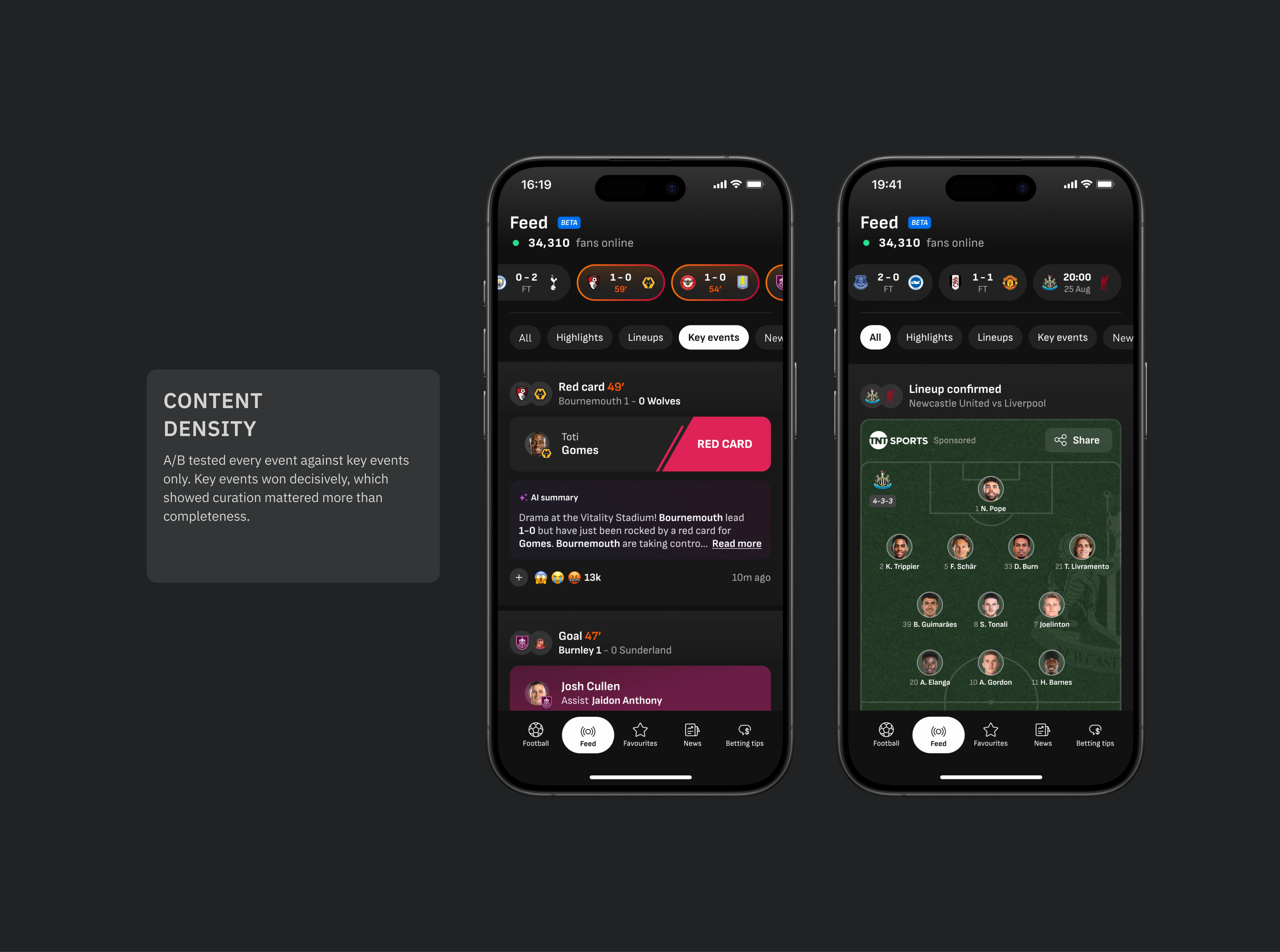 Content density - A/B tested every event against key events only. Key events won decisively, which showed curation mattered more than completeness.
