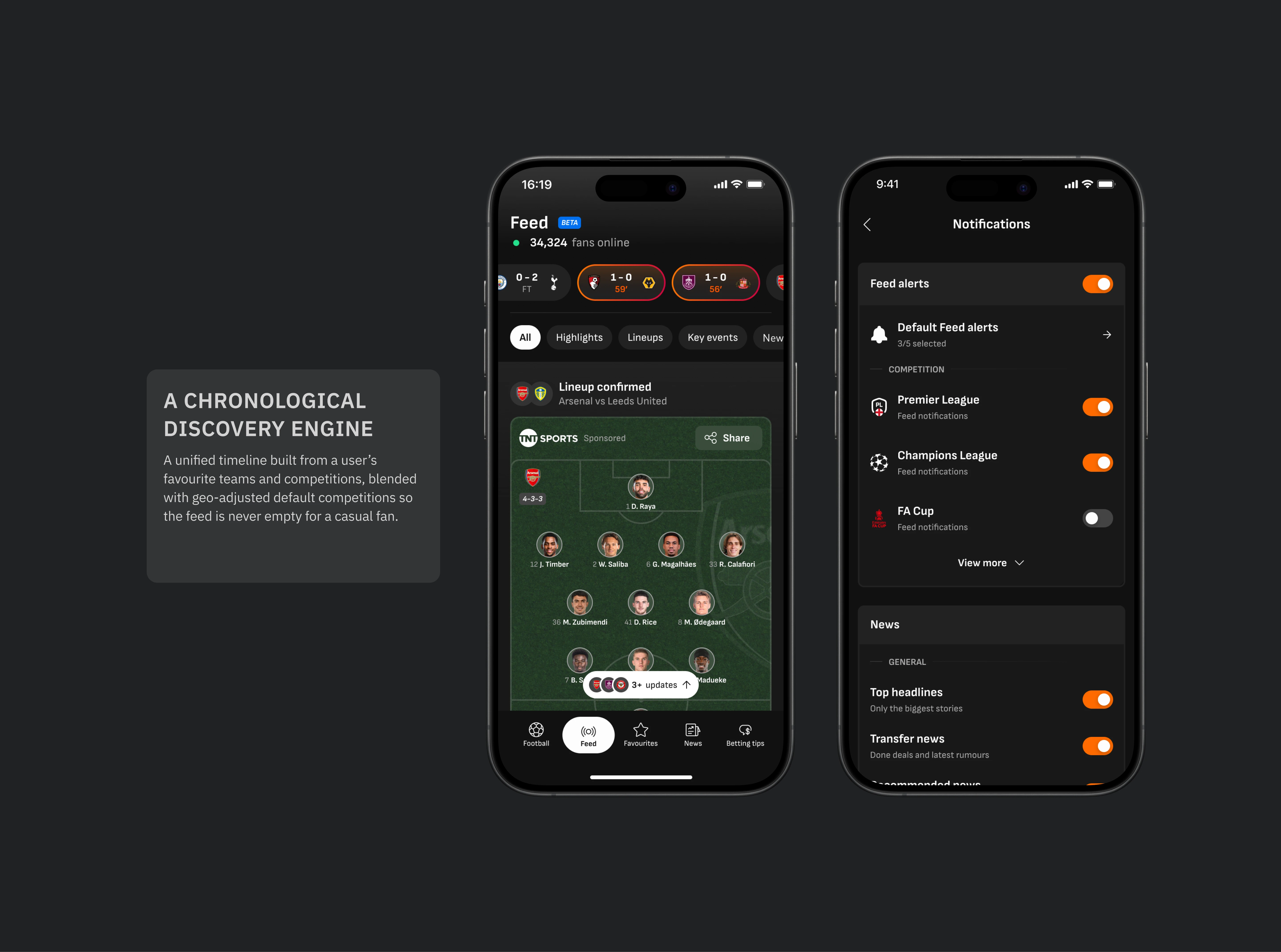 A chronological discovery engine - A unified timeline built from a user’s favourite teams and competitions, blended with geo-adjusted default competitions so the feed is never empty for a casual fan.