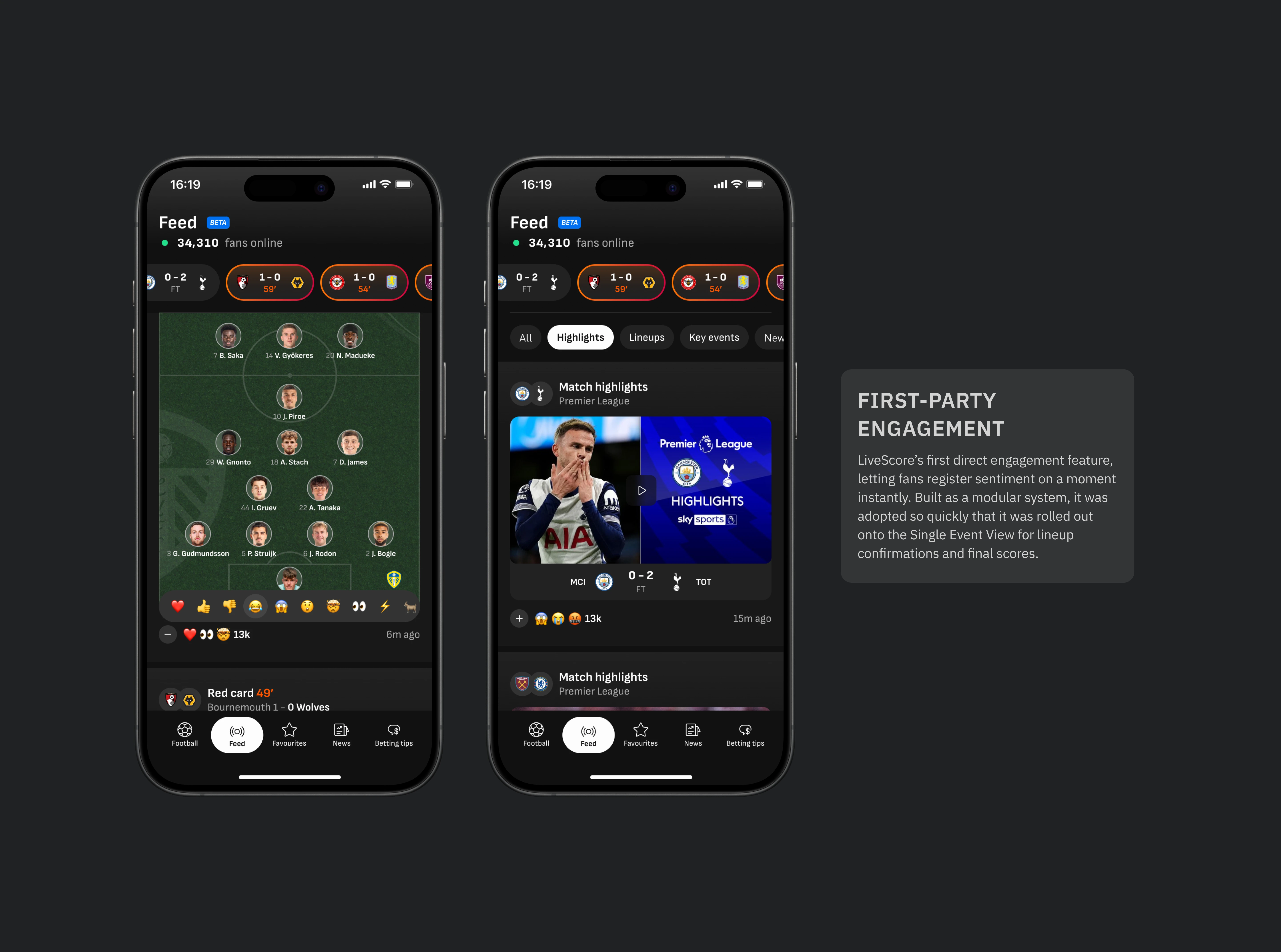 First-party engagement - LiveScore’s first direct engagement feature, letting fans register sentiment on a moment instantly. Built as a modular system, it was adopted so quickly that it was rolled out onto the Single Event View for lineup confirmations and final scores.