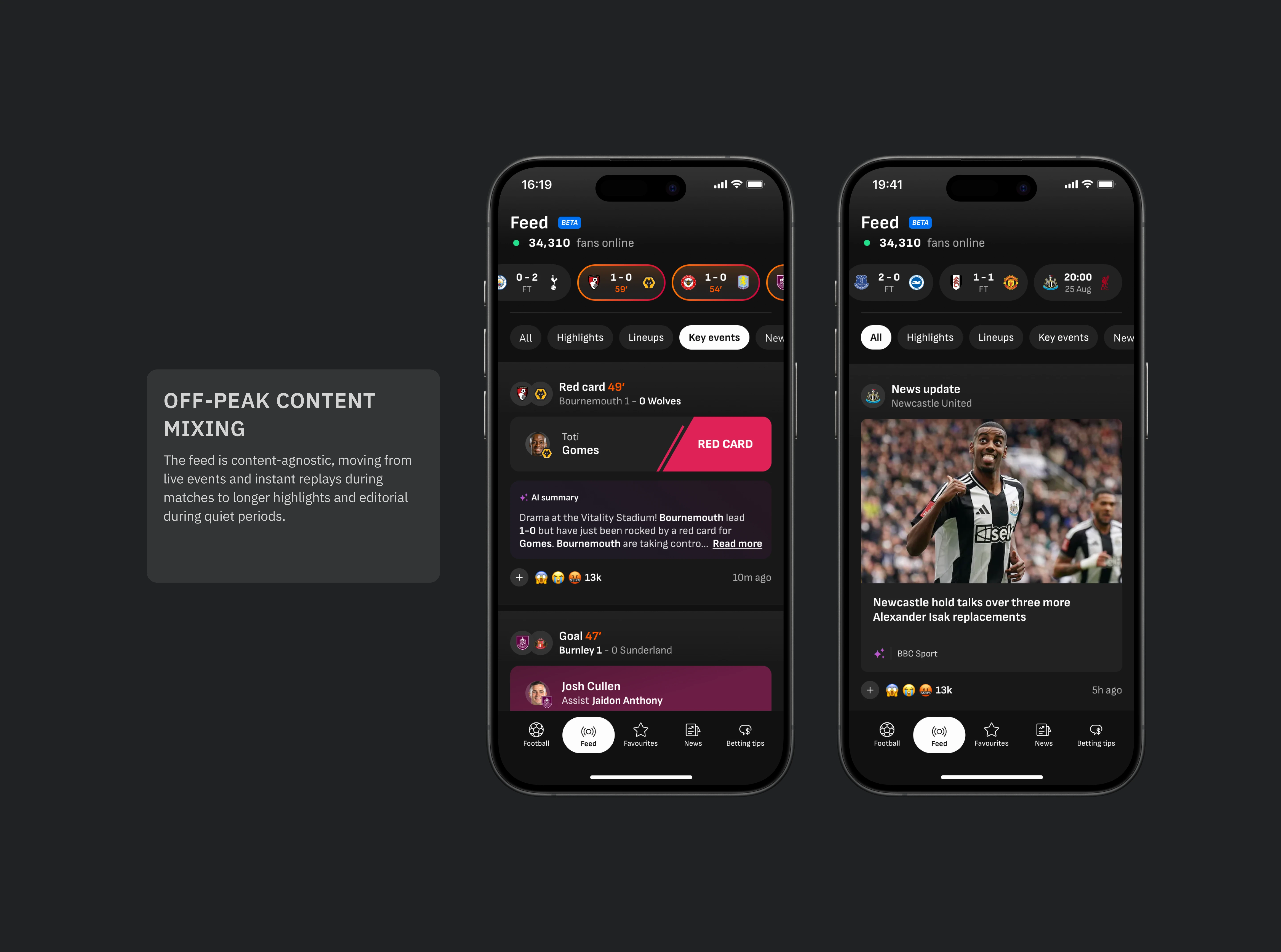 Off-peak content mixing - The feed is content-agnostic, moving from live events and instant replays during matches to longer highlights and editorial during quiet periods.