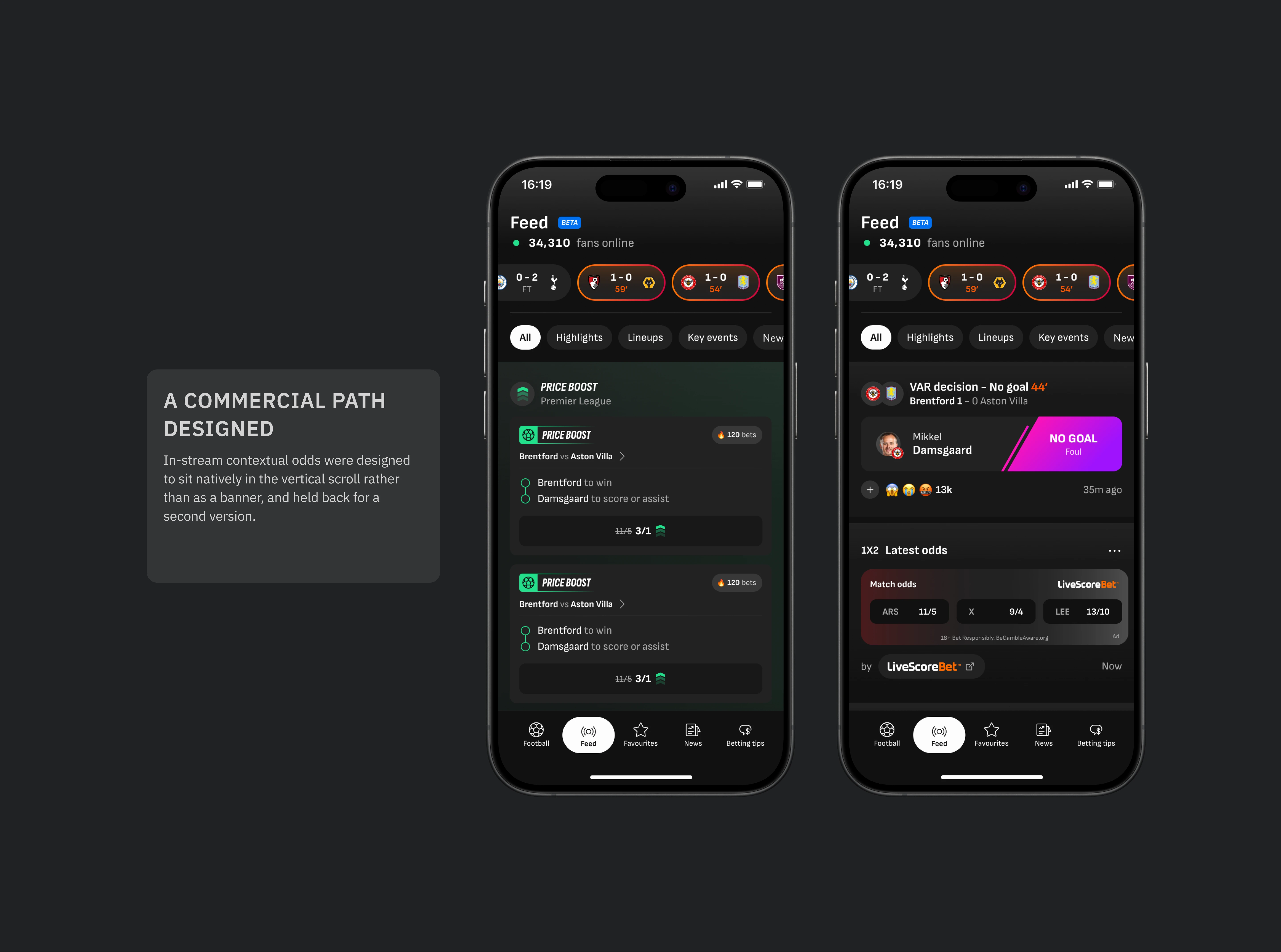 Commercial path designed - In-stream contextual odds were designed to sit natively in the vertical scroll rather than as a banner, and held back for a second version.