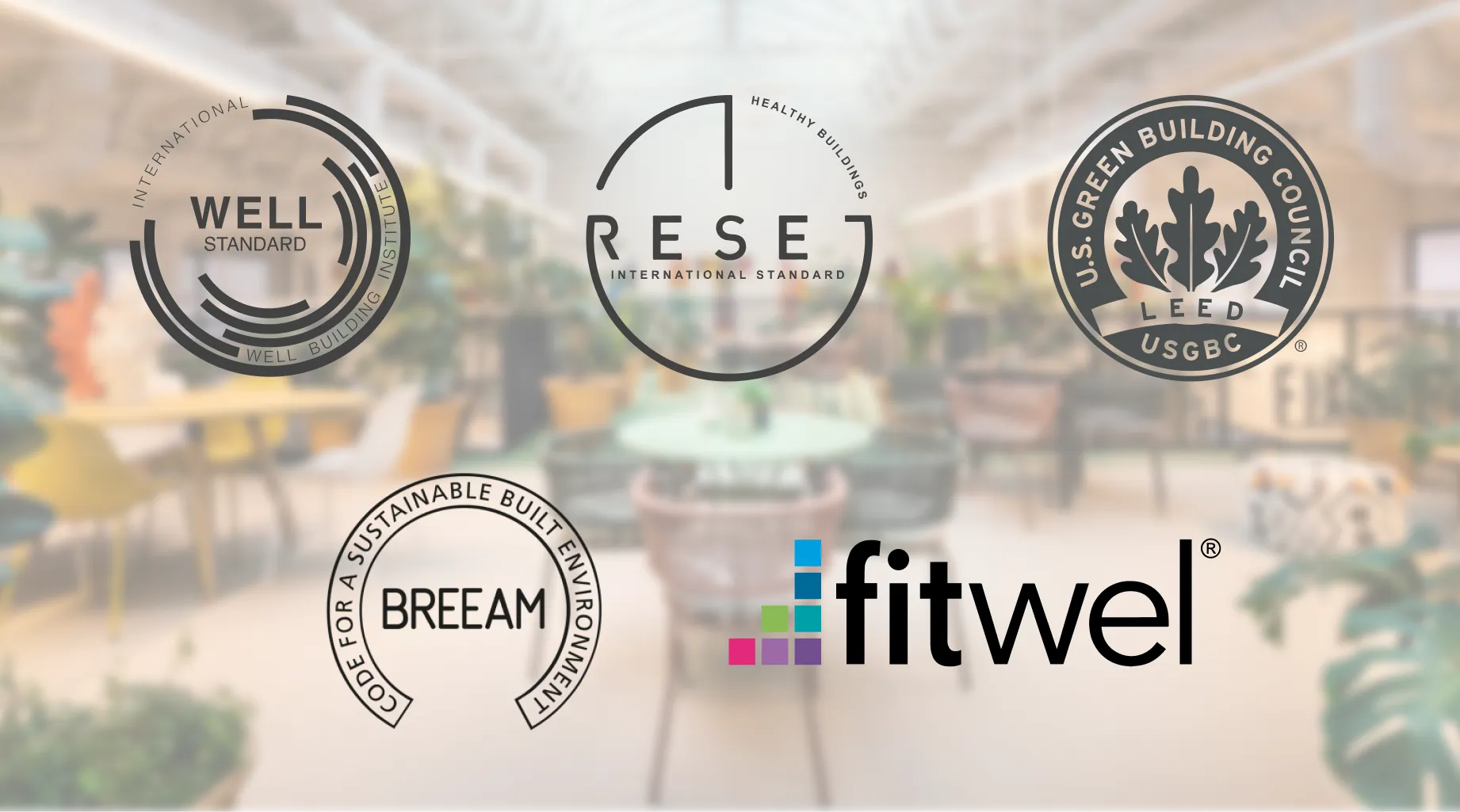 LOGOS DE CERTIFICACIONES WELL, RESET, LEED, FITWELL Y BREAAM