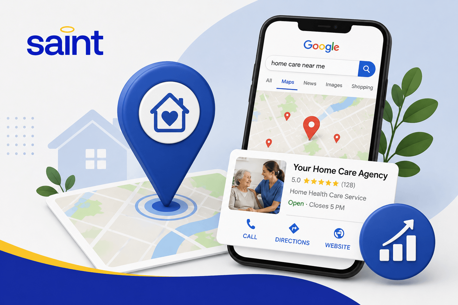 Illustration of a smartphone showing a Google Maps search for a home care agency with a location pin, business listing, and the Saint logo, representing local SEO and improving Google Maps visibility for home care providers.