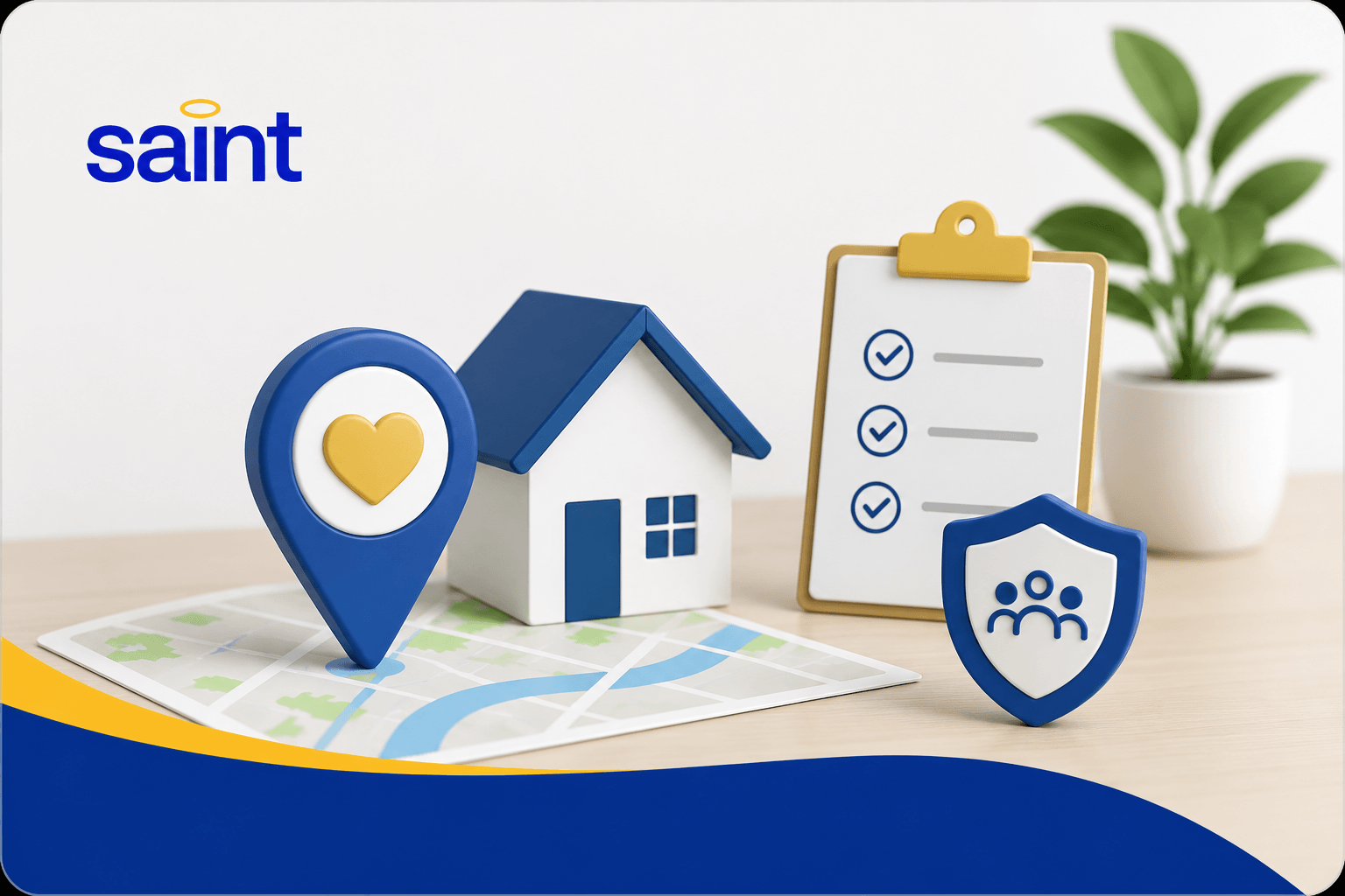 Illustration of a home on a map with a location pin, checklist, and trust shield alongside the Saint logo, representing strategies for attracting more private pay home care clients through local visibility and trusted marketing.