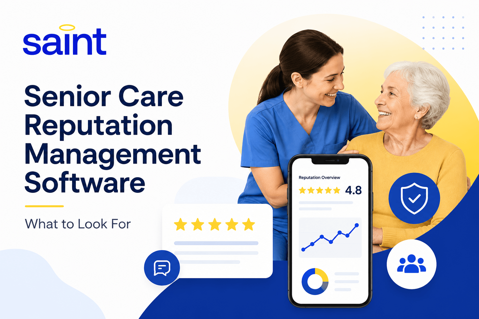 Saint senior care reputation management software graphic showing online reviews, ratings, feedback, and a caregiver with a senior.