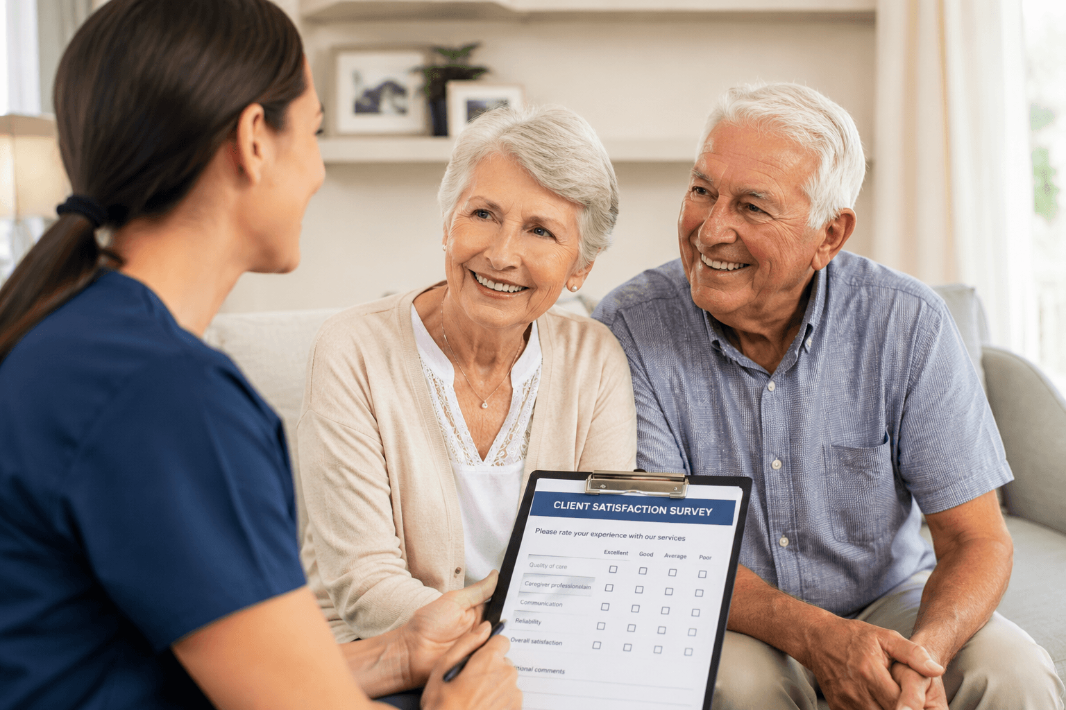 Home care client satisfaction survey with caregiver speaking to an older couple about their care experience.