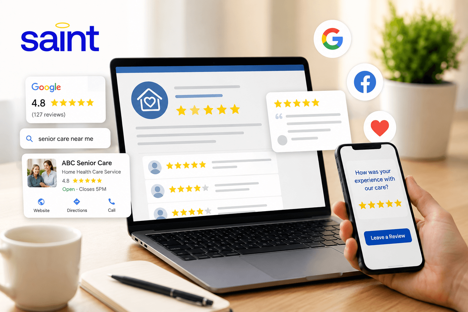Online reputation management for senior care businesses showing Google reviews, star ratings, client feedback, and the Saint logo.