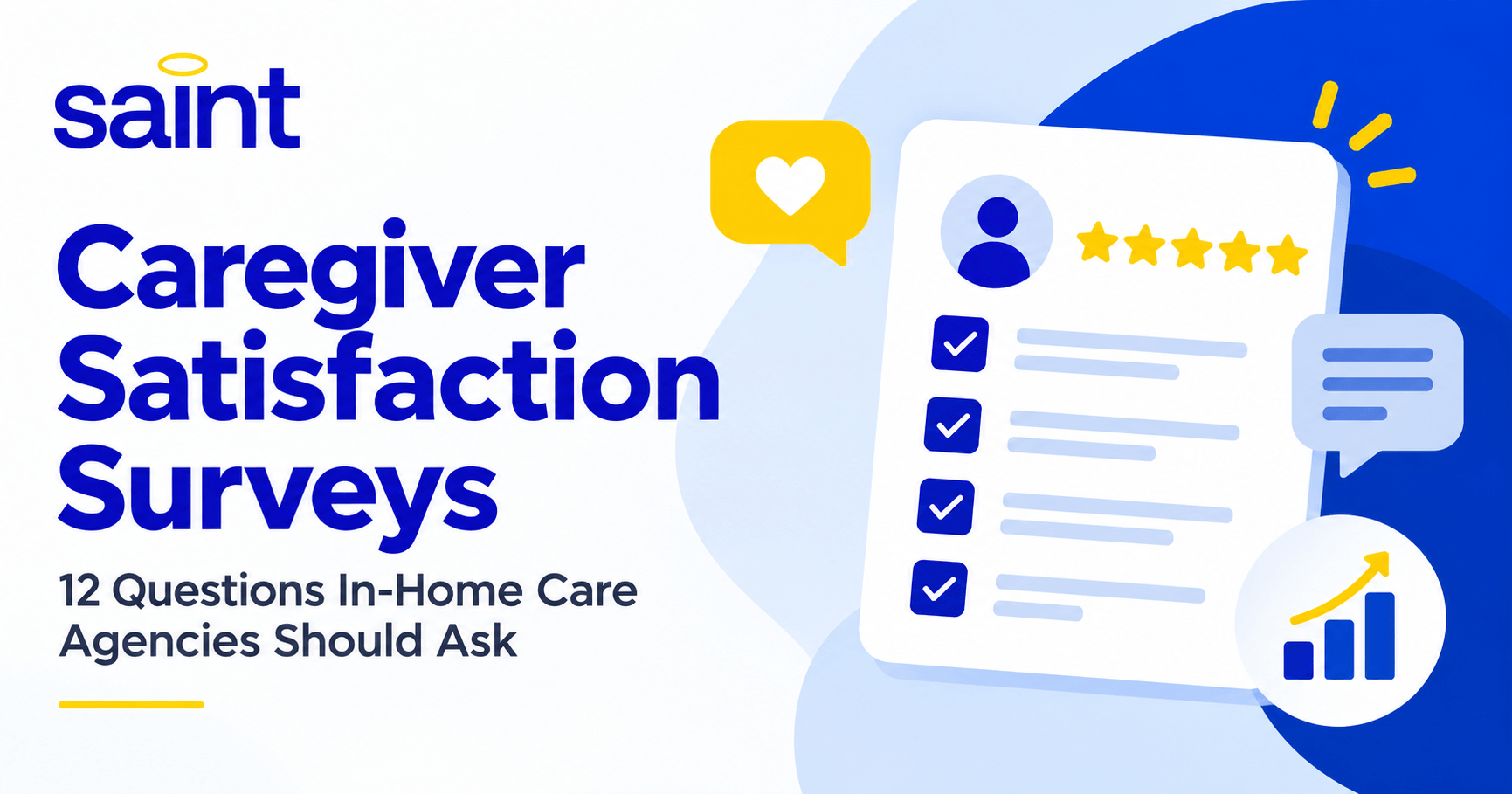 Illustration for Caregiver Satisfaction Surveys showing a feedback checklist, five-star rating, and growth insights for in-home care agencies.