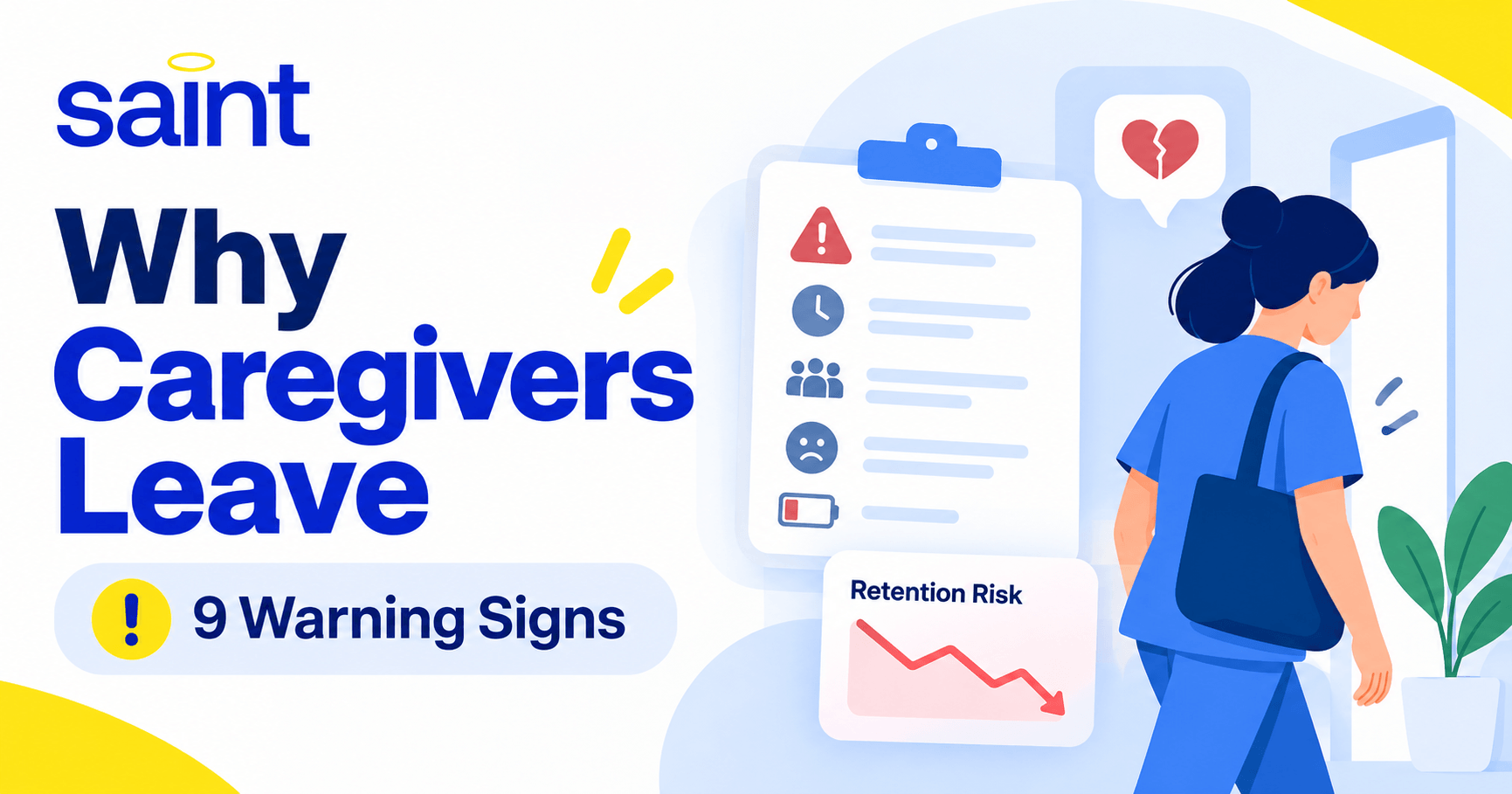 Illustration showing caregiver retention warning signs, including declining sentiment, scheduling concerns, and a caregiver leaving an in-home care agency.