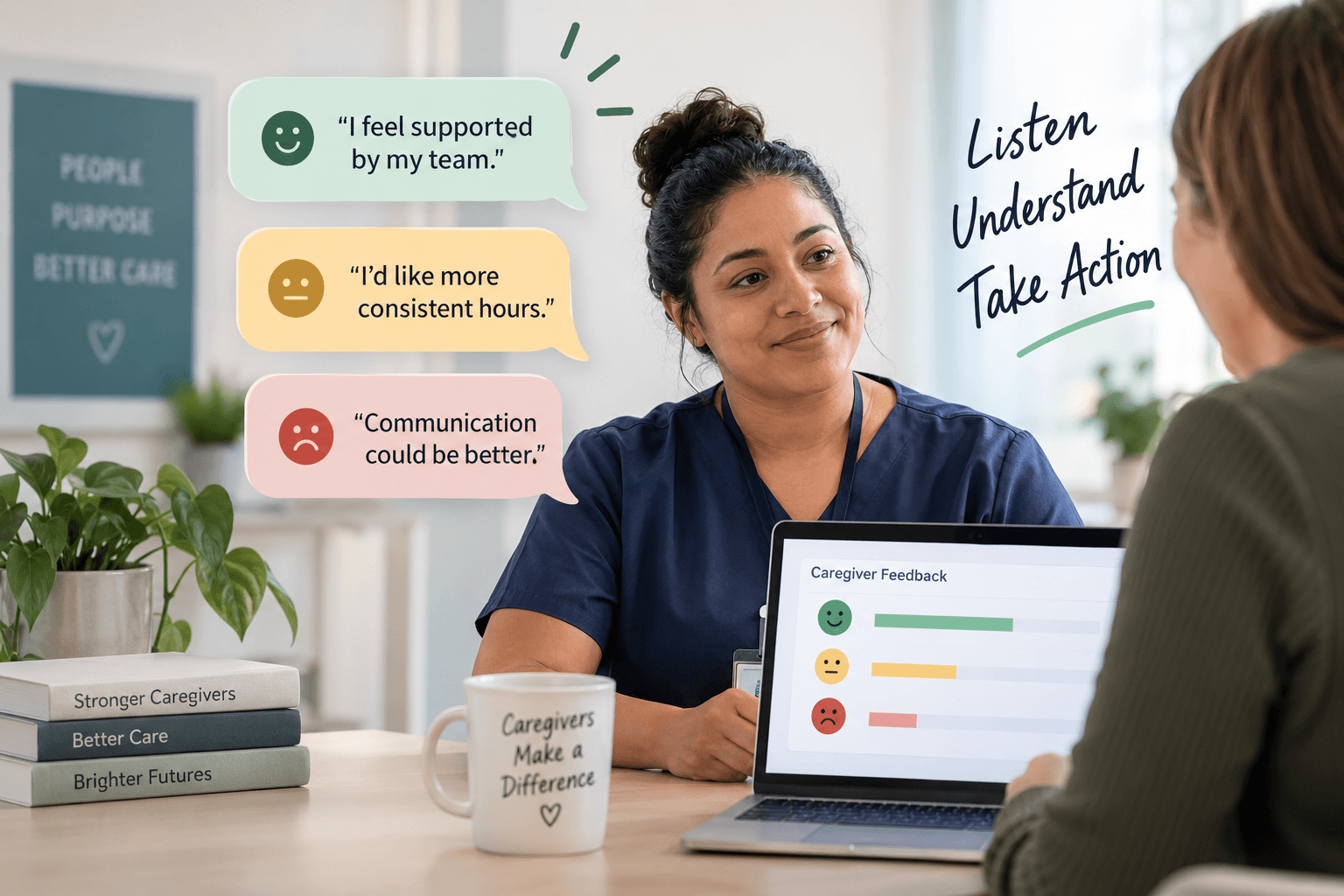 Caregiver discussing workplace feedback with a manager while a feedback dashboard shows satisfaction, scheduling, and communication concerns.