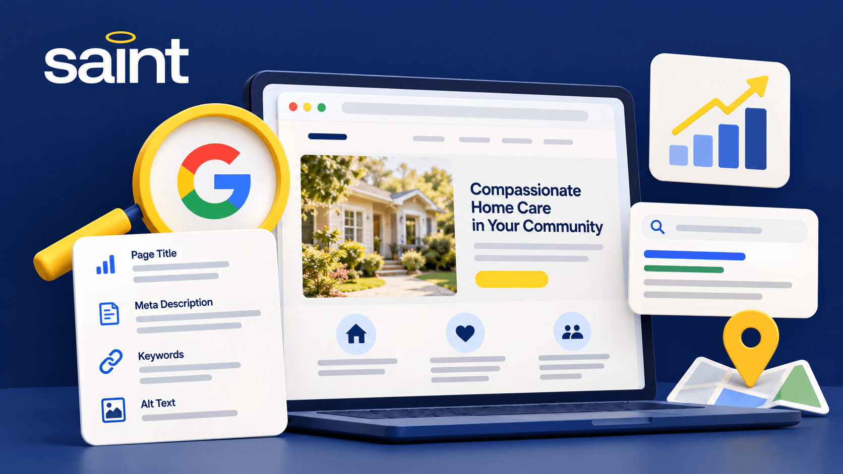 Saint graphic showing a home care website on a laptop surrounded by SEO elements, including Google search, page titles, meta descriptions, keywords, alt text, local search and website growth icons.