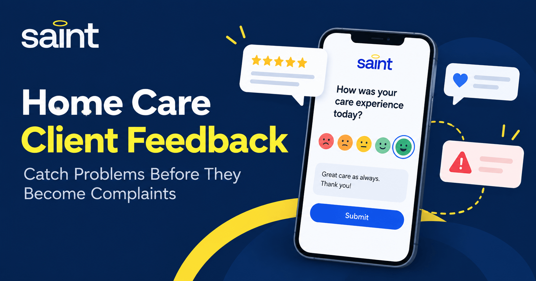 Saint graphic for home care client feedback showing a smartphone survey, five-star review, positive feedback, and an alert for catching problems before they become complaints.