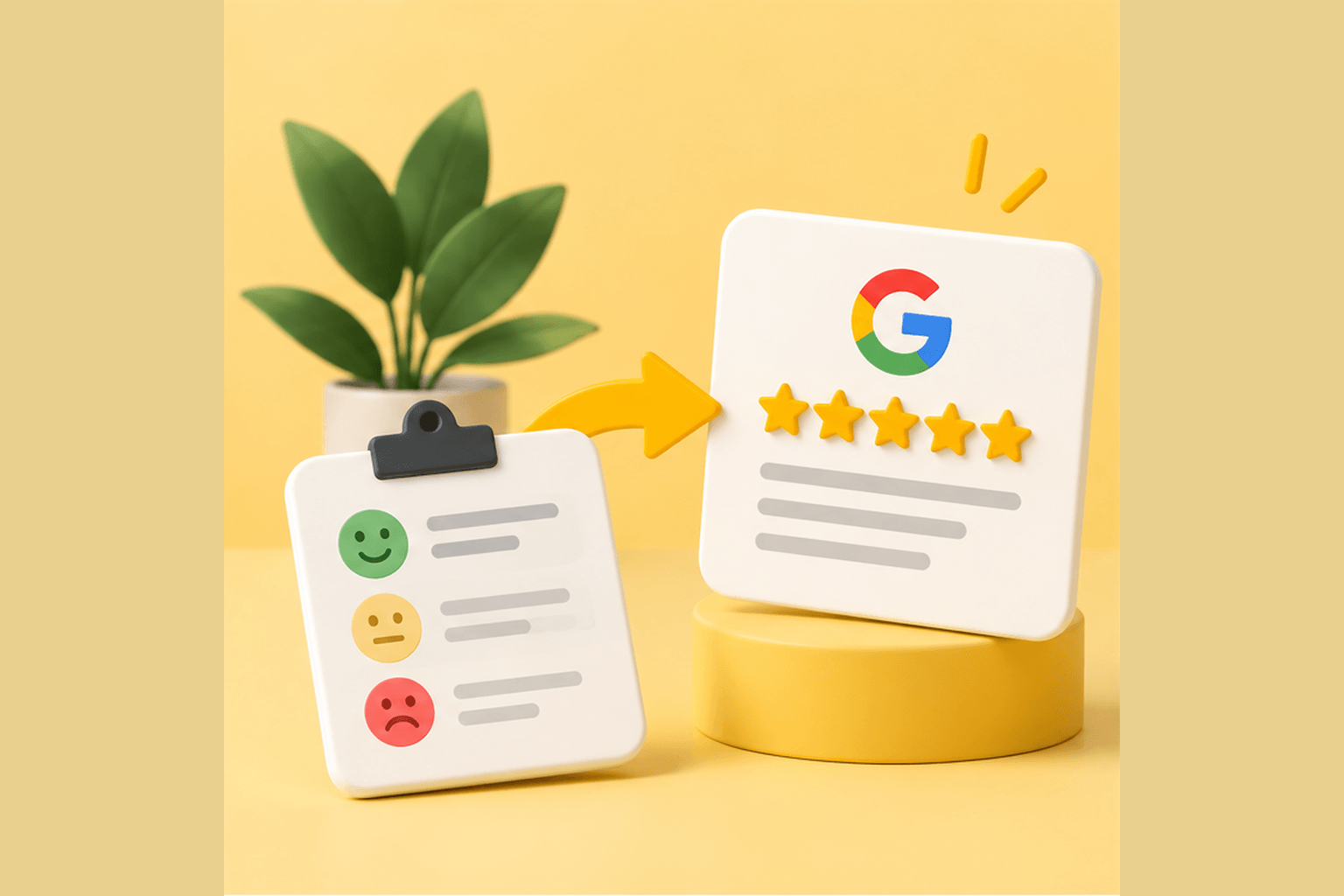 Saint graphic showing client feedback flowing into a five-star Google review to represent how home care agencies can turn positive experiences into stronger online reviews.