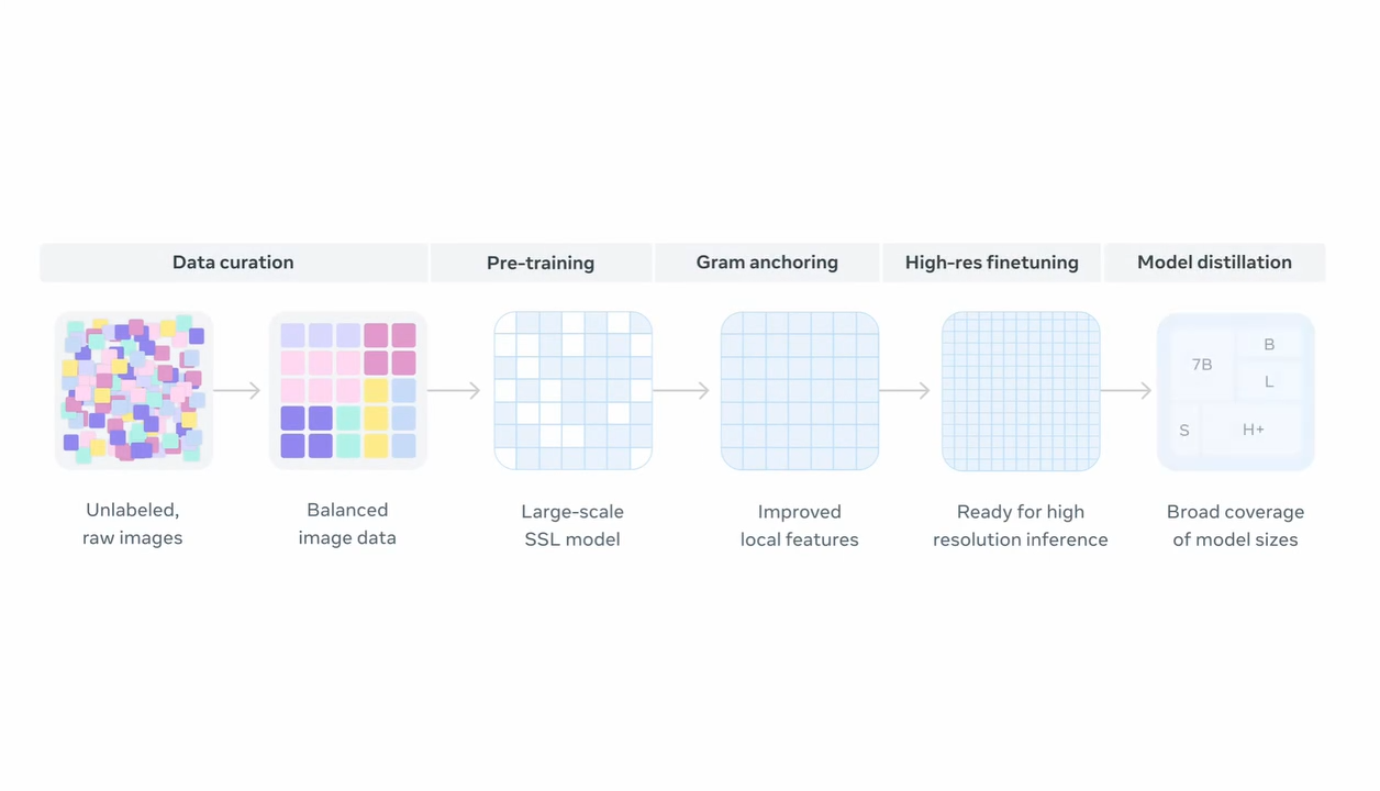 Figure 3: DINOv3 data curation and model development stages.