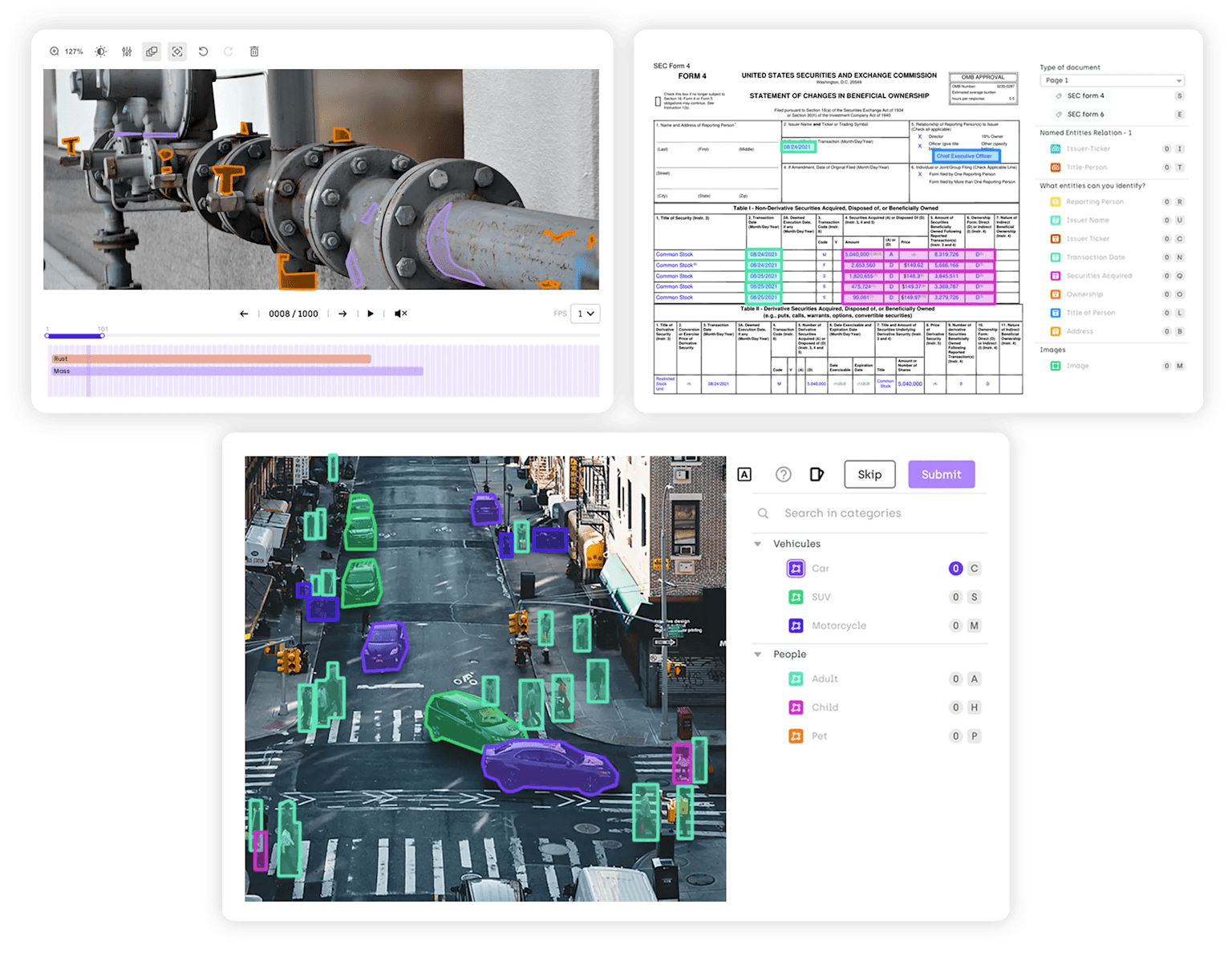 Figure 6: Data annotation platform interfaces showing image, document, and video annotation with labeled entities and bounding boxes.