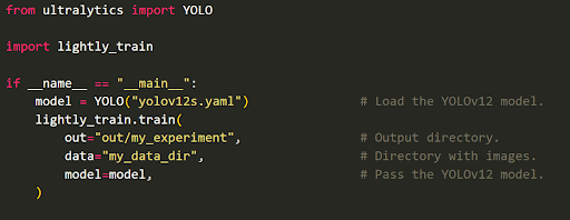 Figure 34: Code to pretrain YOLOv12s using LightlyTrain.