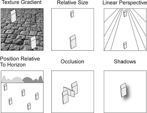 Figure 1: Six monocular depth cues visible with one eye help determine the distance and depth of objects. 