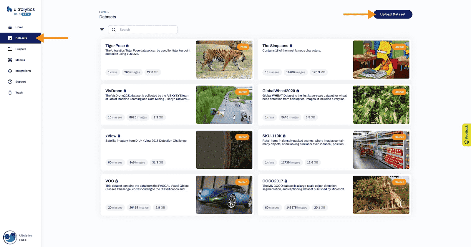 Ultralytics HUB interface to upload datasets.