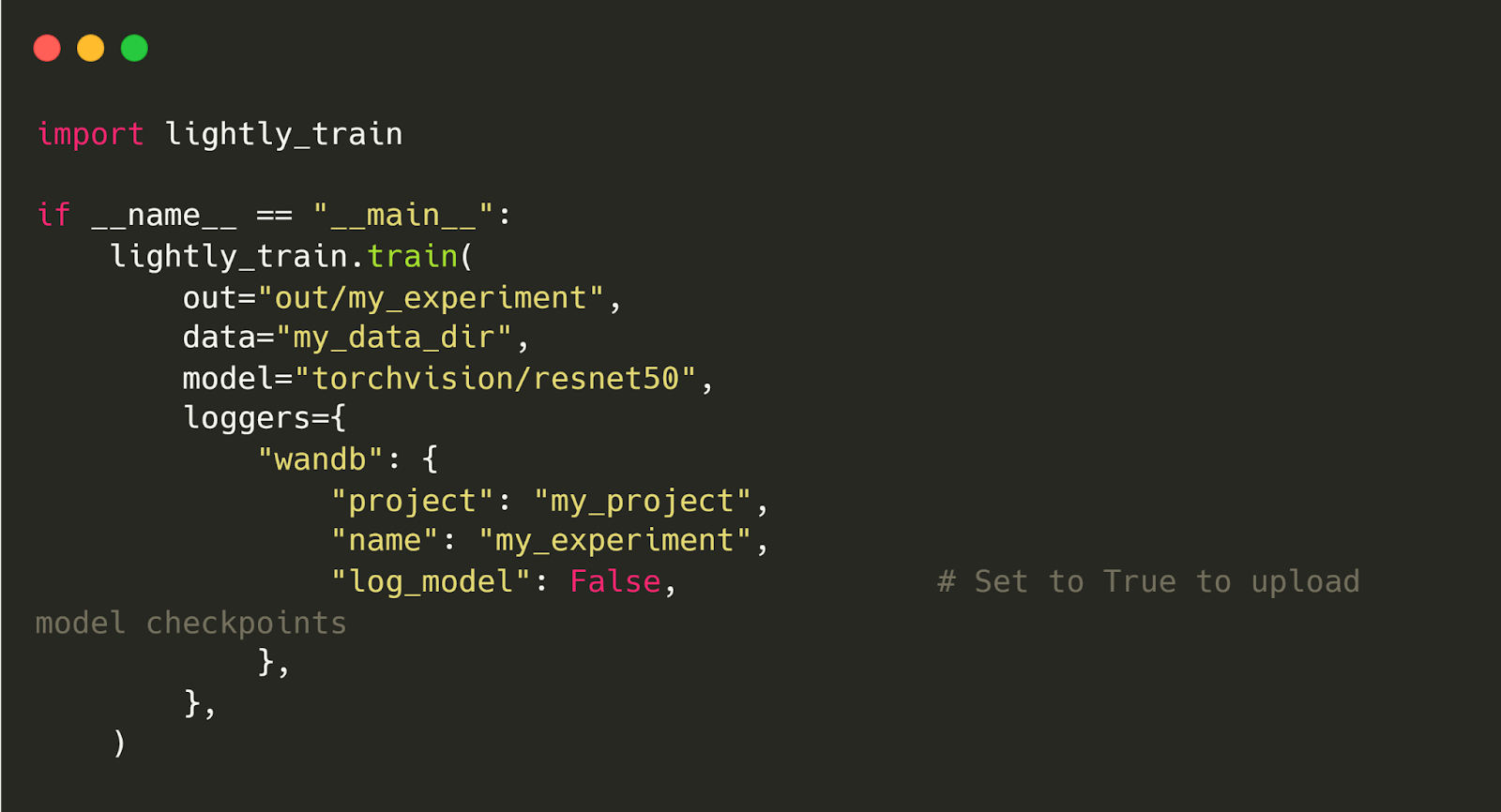 Code to configure Weights & Biases using LightlyTra