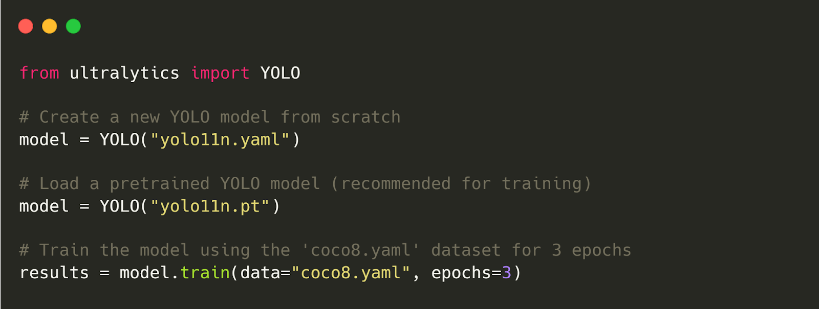 Code to train a YOLO11n model using Ultralytics.‍