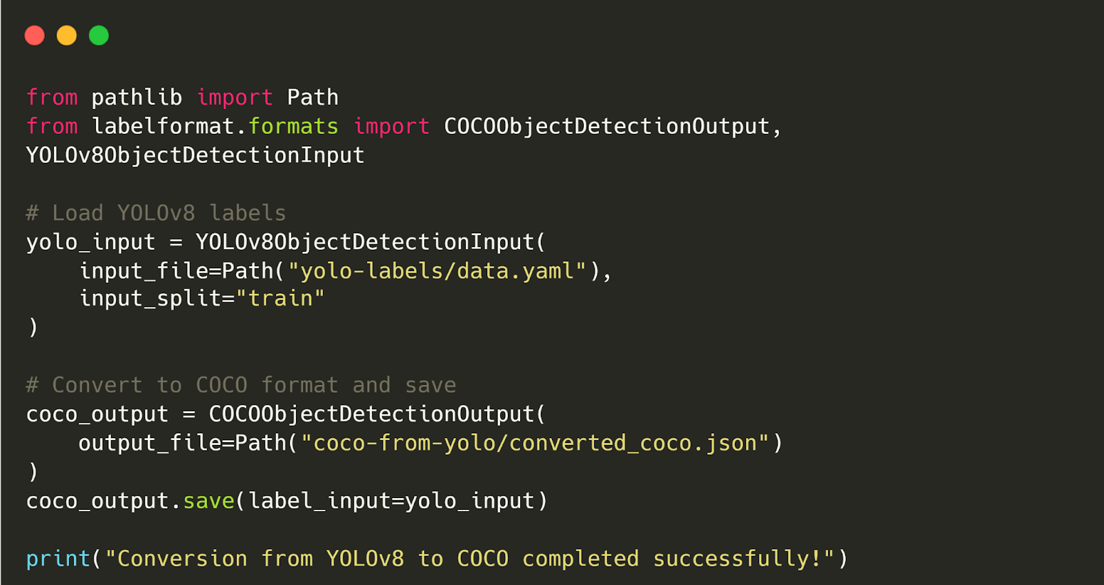 F Code to convert data labels from YOLOv8 format to COCO format using labelformat.
