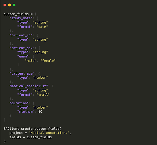 Code to create custom fields SuperAnnotate.