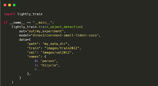 Code to train an object detection model in LightlyTrain.