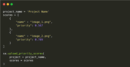 Code to define a list of scores for the images.